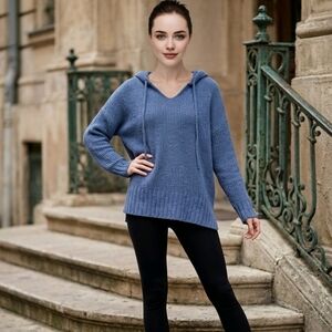 aerie Blue V-Neck Hooded Knit Sweater